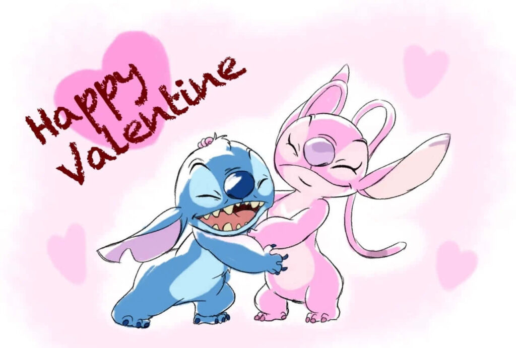 Adorable Valentine's Day Wallpaper: Stitch & Angel Hugging in Pink Hearts
