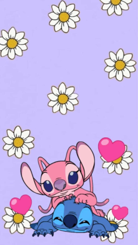 Stitch & Angel: Adorable Cartoon Wallpaper with Lavender Daisies