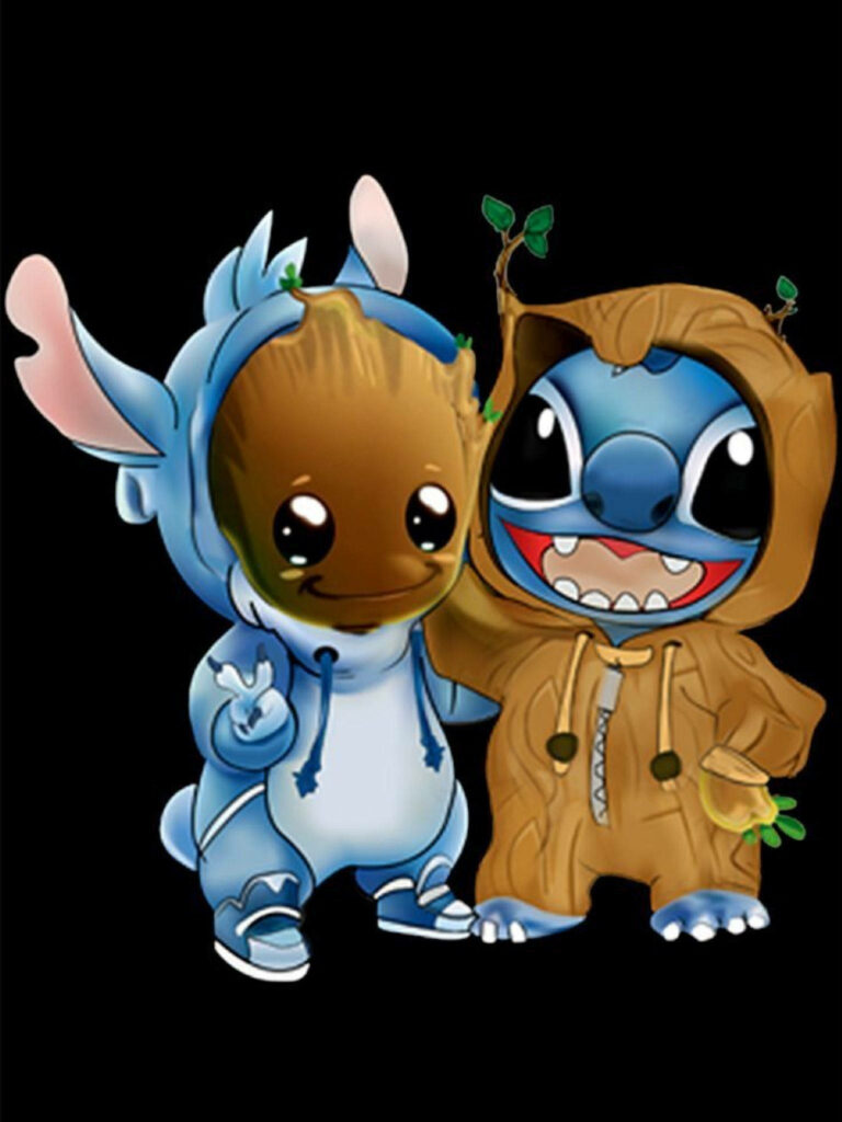Cute Stitch & Baby Groot Wallpaper - Joyful Cartoon Moments
