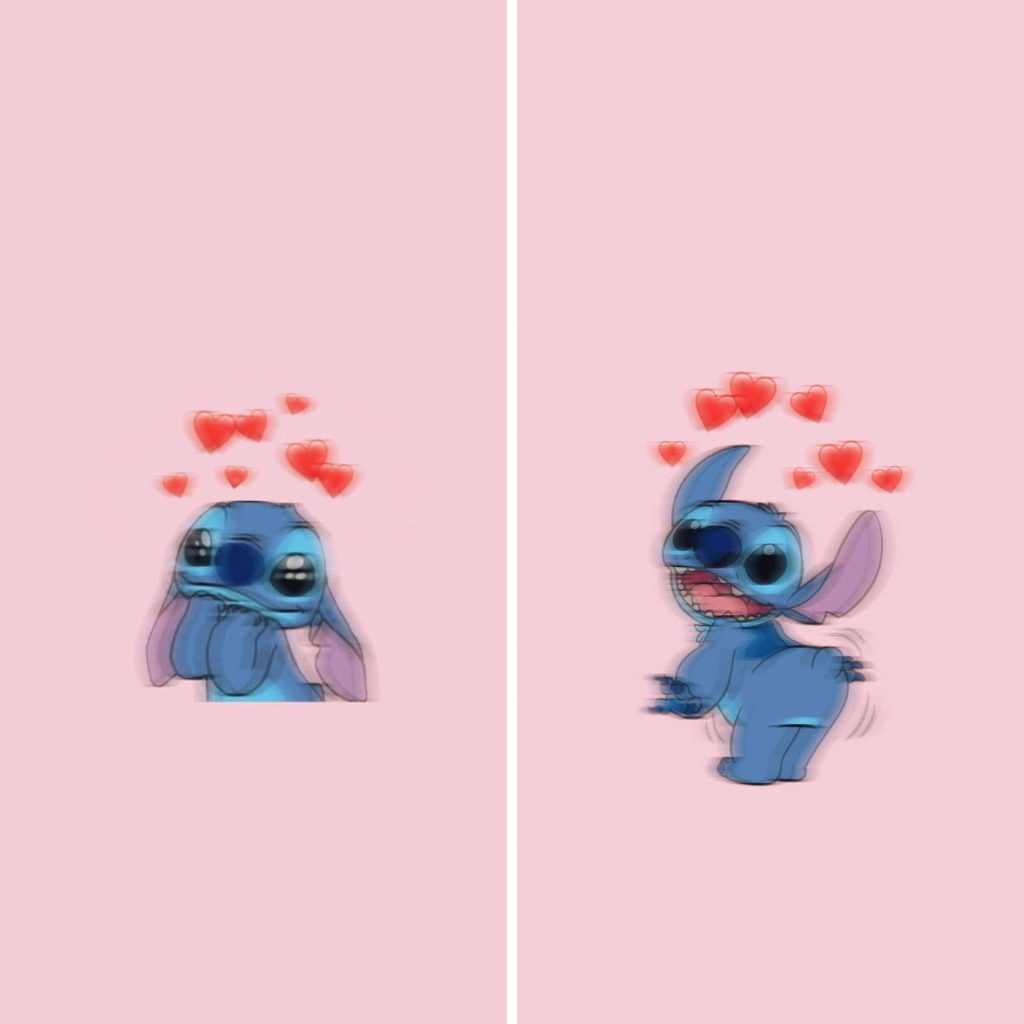 Split-screen wallpaper of Stitch blushing and wiggling on pastel pink with floating red hearts