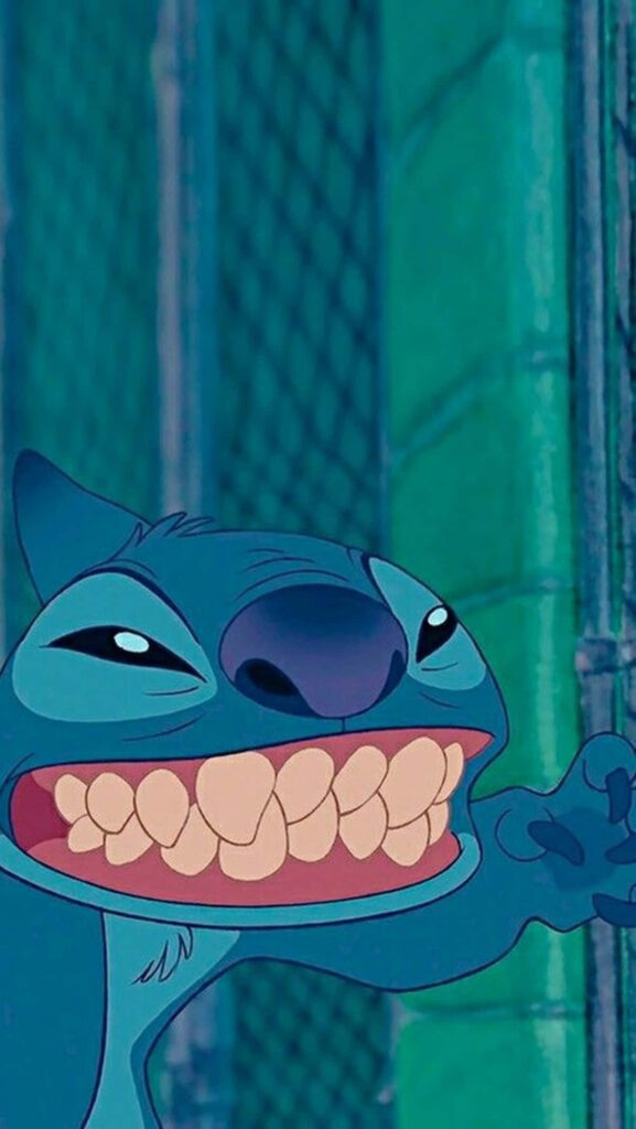 Adorable Stitch Wallpaper: Playful Smiles on Blue & Green Background