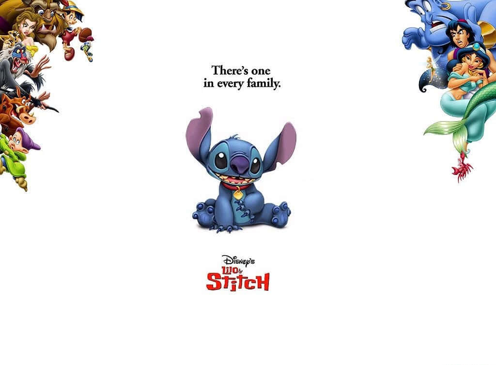 Stitch Surrounded by Disney Friends: Adorable Family Wallpaper