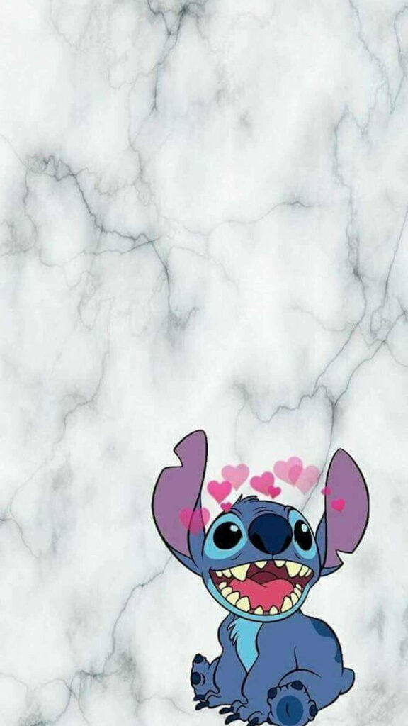 Adorable Stitch Wallpaper with Pink Hearts & Marble Background