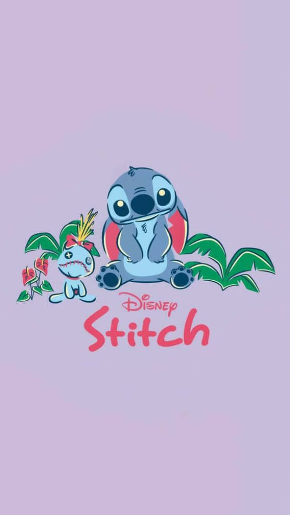 Adorable Stitch Wallpaper with Tropical Plants on Purple Background