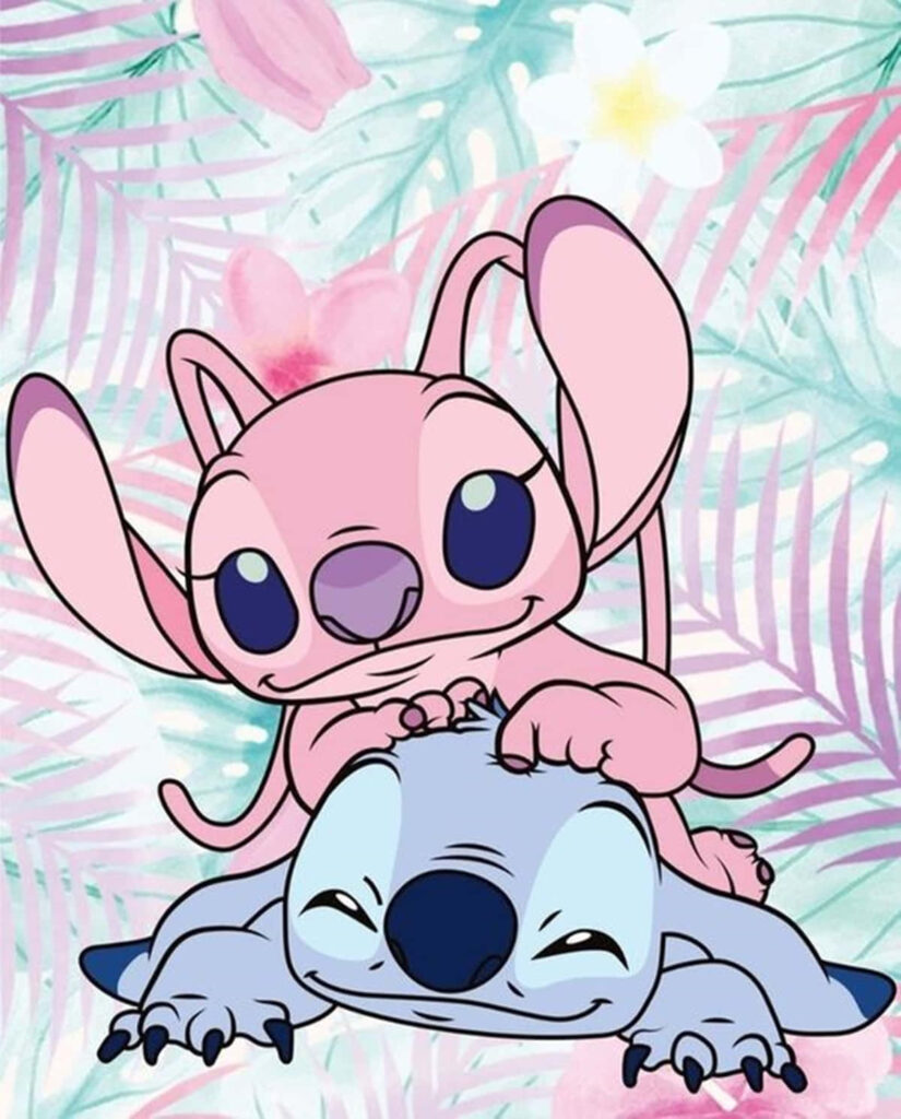 Cheerful Stitch and Angel Wallpaper with Tropical Pastel Background