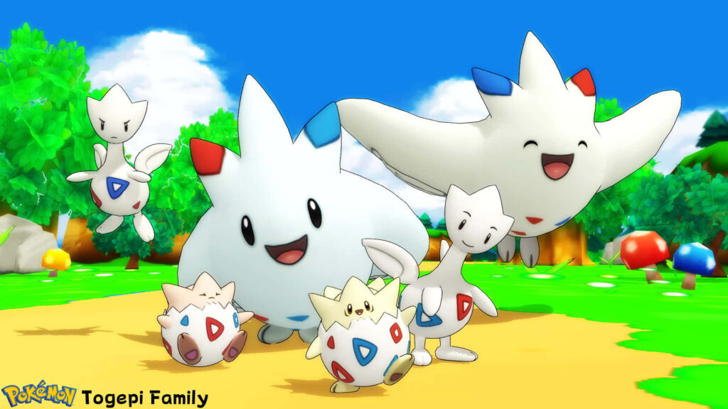 Togepi Family Wallpaper: Cheerful Pokémon in Colorful Landscape