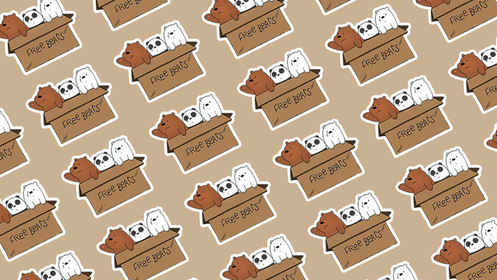 Seamless wallpaper with We Bare Bears Grizz Panda Ice Bear in Free Bears cardboard boxes