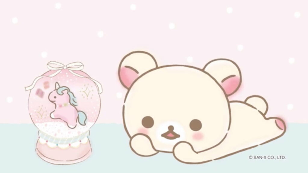 Korilakkuma white bear resting by pink unicorn snow globe pastel kawaii wallpaper background