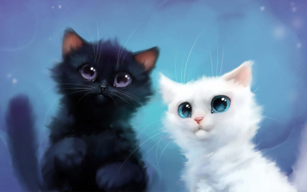 Adorable Kittens Captivate with Playful Expressions on Blue Cartoon Background Wallpaper