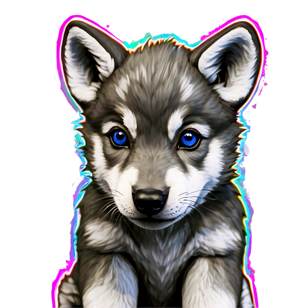 Adorable Wolf Pup with Blue Eyes in Neon-Enhanced Wallpaper