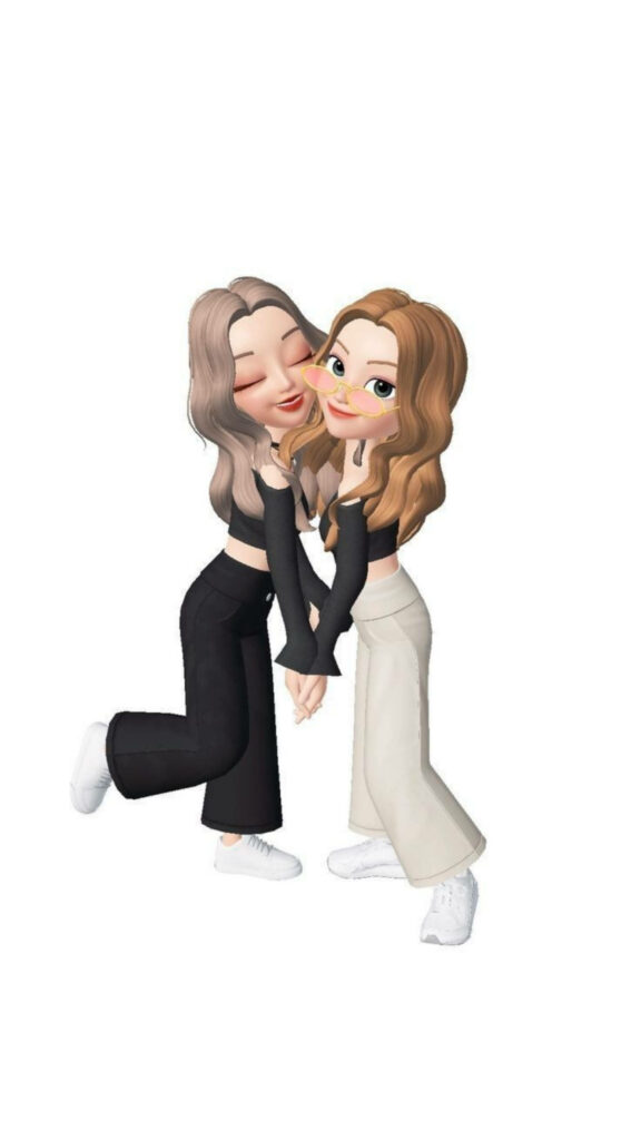 Stylish Zepeto Duo: Fashion-forward Anime Besties Rocking Glamorous Waves in a Chic Crop Top and Flared Pants Wallpaper