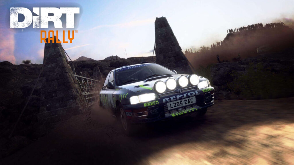 Dirt Rally Game Wallpaper: Rally Car on Dirt Track Approaching Stone Bridge