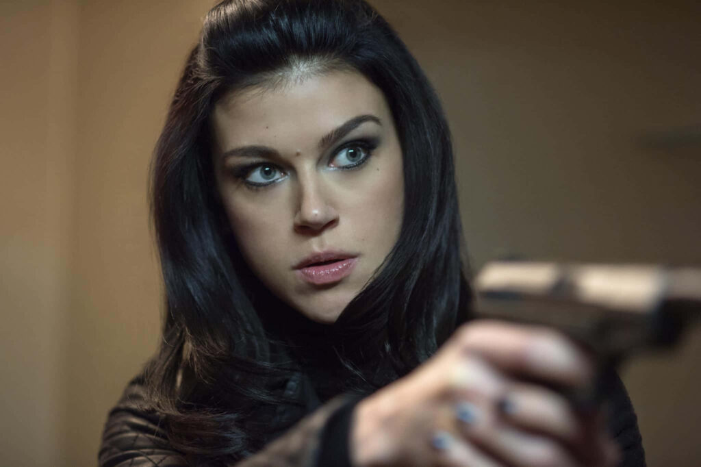 Adrianne Palicki intense action pose with gun focused strong woman wallpaper background