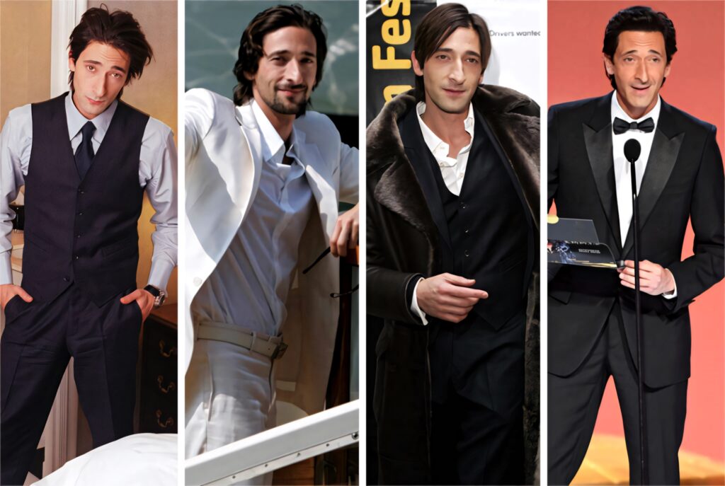 Adrien Brody photo collage wallpaper showing four stylish portraits of the acclaimed actor