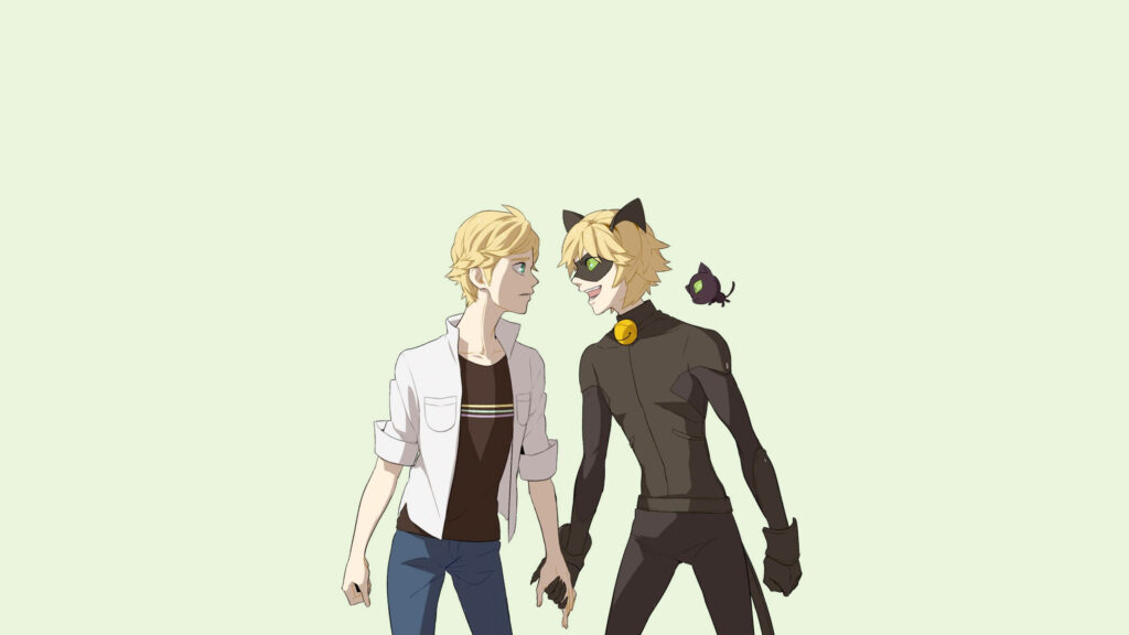 Adrien and Cat Noir Miraculous Ladybug holding hands minimalist wallpaper soft green background