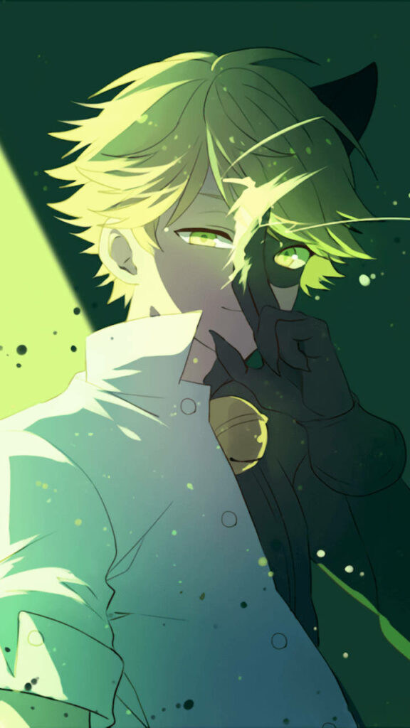 Adrien and Cat Noir split design wallpaper with soft green tones dramatic lighting anime style background