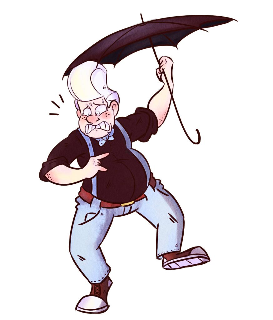 Expressive digital art of adult Gideon Gleeful clutching umbrella in black shirt and blue suspenders Wallpaper