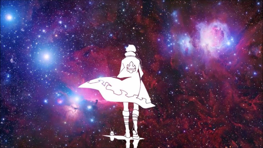 Adult Simon Gurren Lagann in white coat against vibrant purple pink cosmic nebula background Wallpaper