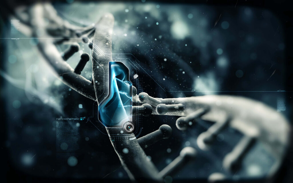 Futuristic Nanotechnology Wallpaper: DNA Strands & Digital Interfaces