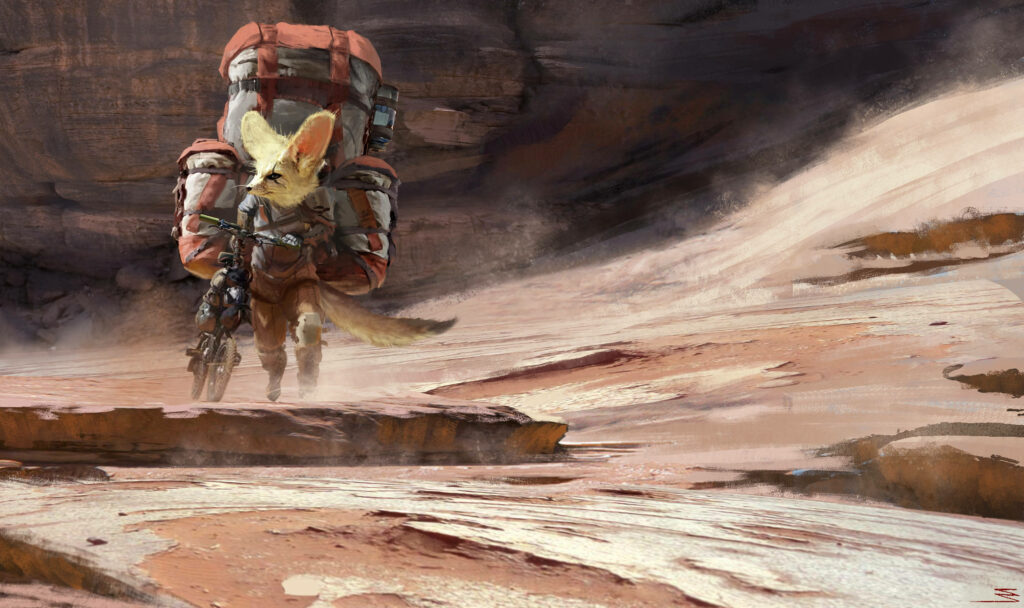 Adventurous Anthropomorphic Fox Wallpaper in Rugged Desert Landscape