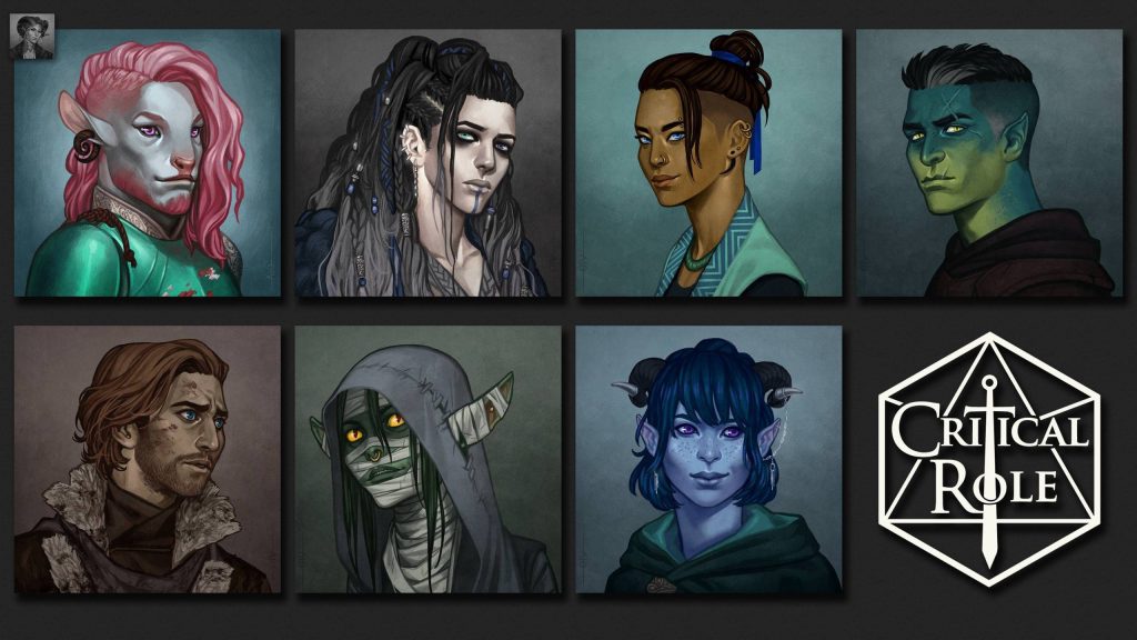 Critical Role Mighty Nein wallpaper with moody portraits of Campaign 2 party members desktop background