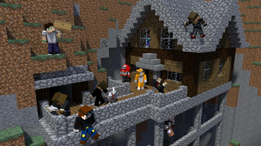 Minecraft Adventure: Friends Unite on Balcony, Roof, and Mountain! Wallpaper