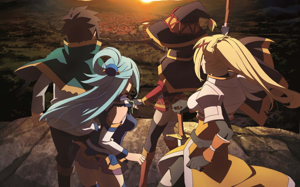 A Legendary Quest: Uniting Kazuma, Aqua, Megumin, and Darkness in Konosuba's Enchanting Realm Wallpaper