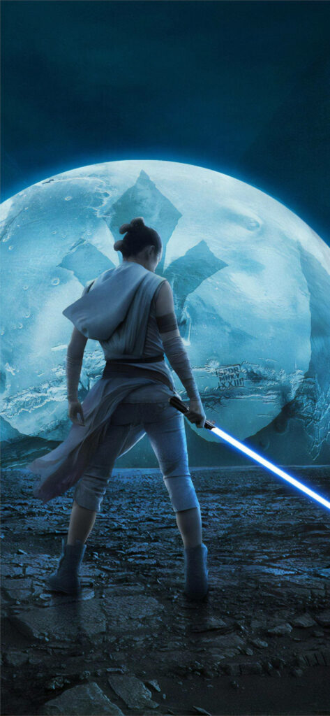 Bold Rey with Blue Lightsaber: Epic Adventure Wallpaper Background