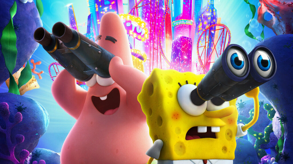 SpongeBob and Patrick underwater with binoculars neon Sharkland vibrant 3D CGI wallpaper background