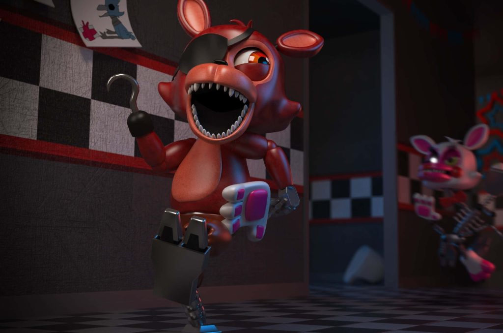 Adventure Foxy 3D digital wallpaper jumping in dim checkered hallway with blurred Mangle background