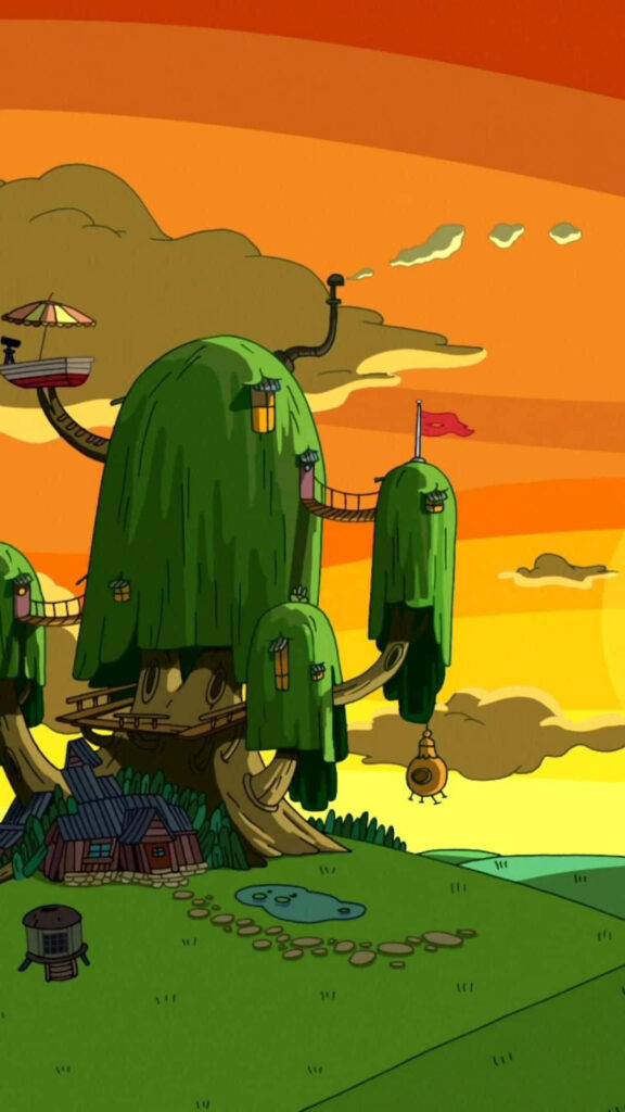Adventure Time iPhone wallpaper Tree Fort sunset vibrant colorful whimsical adventurous background