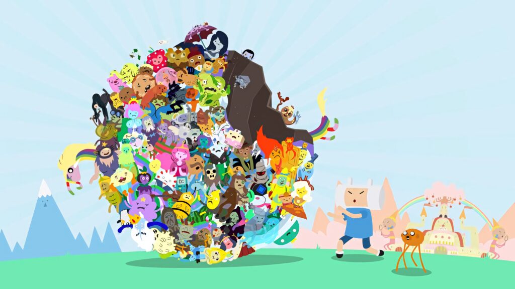 Finn and Jake with colorful Adventure Time characters rolling across vibrant animated landscape wallpaper