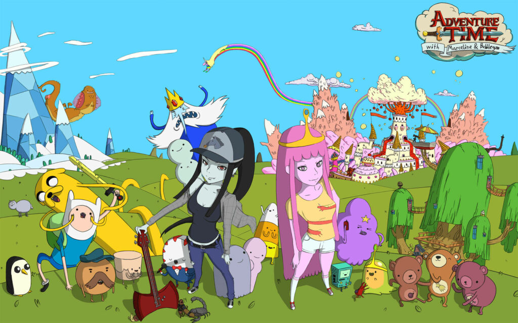 Adventure Time wallpaper with vibrant Ooo characters in a colorful whimsical landscape background