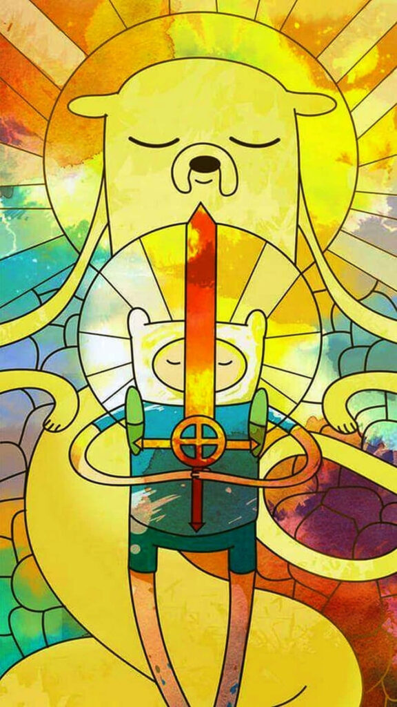 Adventure Time wallpaper Finn wielding sword with Jake behind stained glass heroic background