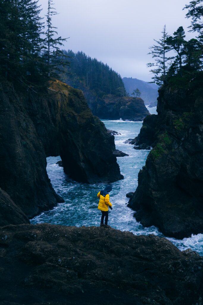 Traveler in yellow jacket on rocky coast with cliffs forest and wild blue sea adventure wallpaper