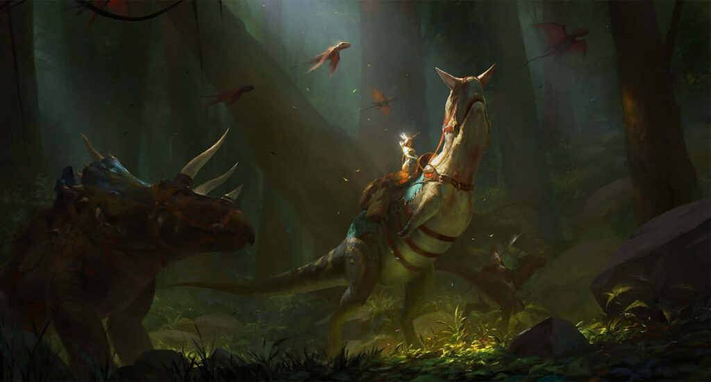 Adventurer riding dinosaur in sunlit lush forest with flying creatures ARK Survival wallpaper