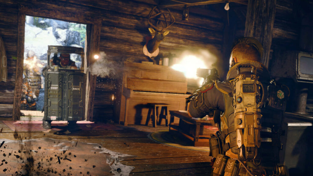 Intense Call of Duty: Black Ops 4 Wallpaper - Soldier in Action-Packed Battle Scene with Future Gear in Rustic Cabin