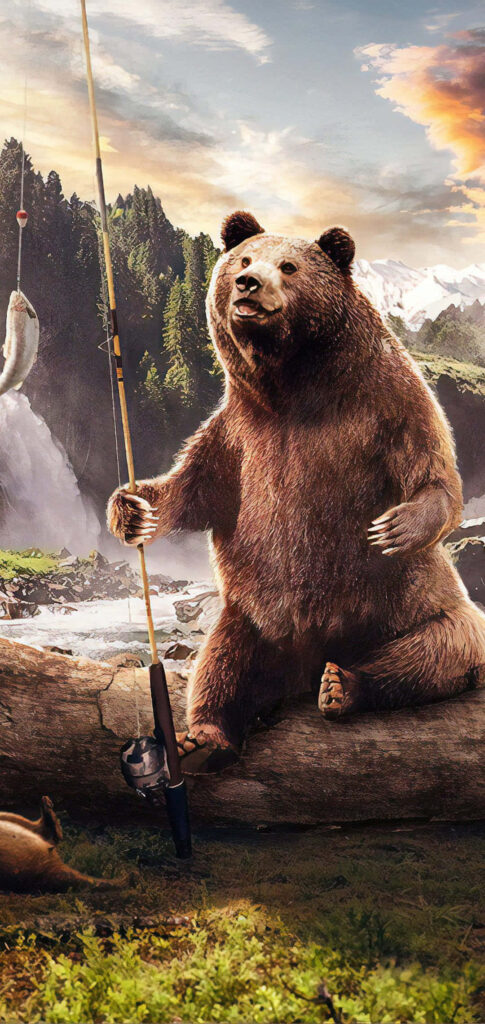 Adventurous Bear by Waterfall: Stylish Outdoor Wallpaper