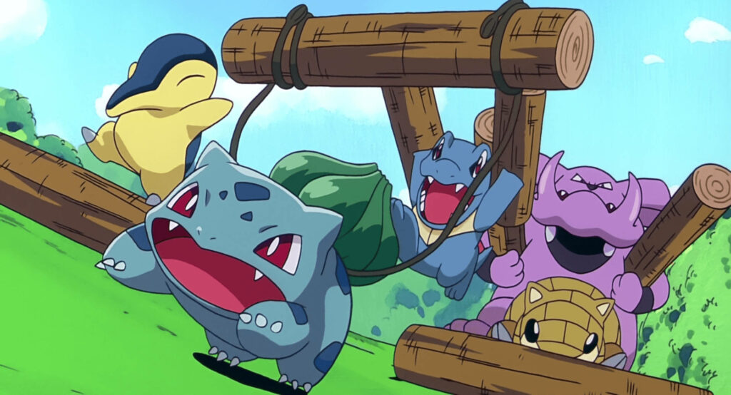 Adventurous Bulbasaur and Friends Embark on a Lively Log-Carrying Journey – Pokémon Anime-inspired Fun! Wallpaper