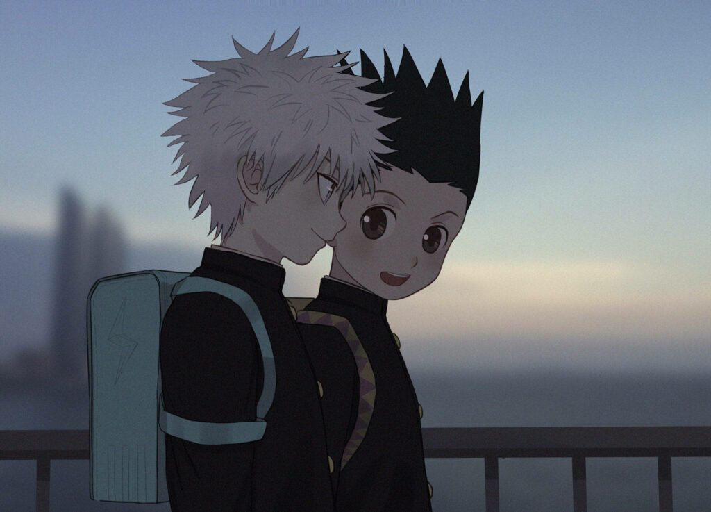 Dynamic Duo: Gon and Killua, Clad in Black Attire, Strolling by a Neutral Railing - Hunter x Hunter Background Image Wallpaper