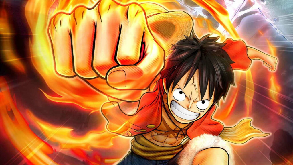 Monkey D Luffy performing flaming Red Hawk punch vibrant fire One Piece anime wallpaper background