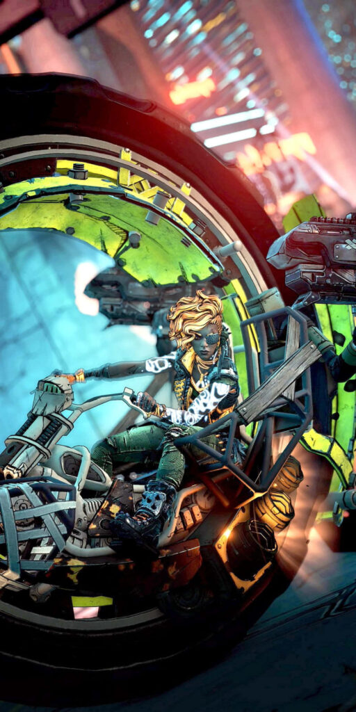 Thrilling Ride through the Vibrant World of Borderlands 3: Character Soars on Epic Vehicle Wallpaper