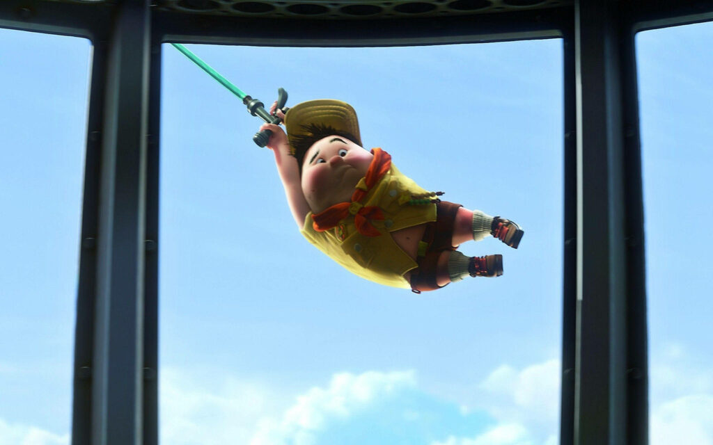 Adventurous Russell from Up: Lively Wallpaper with Blue Sky