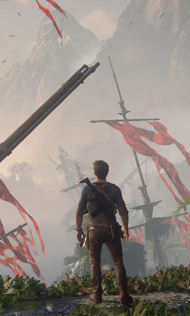 Adventurous Uncharted Wallpaper: Shipwrecks & Cliffs Exploration Scene