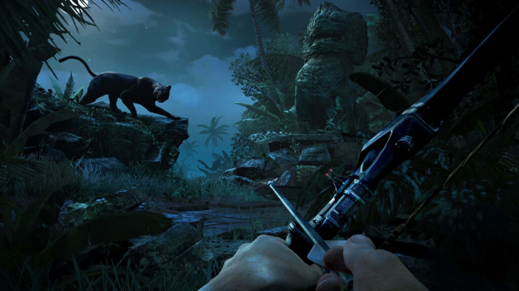 Far Cry 3 Night Jungle Scene with Archer, Panther, and Mythical Creature in Stealthy Exploration Setting Wallpaper