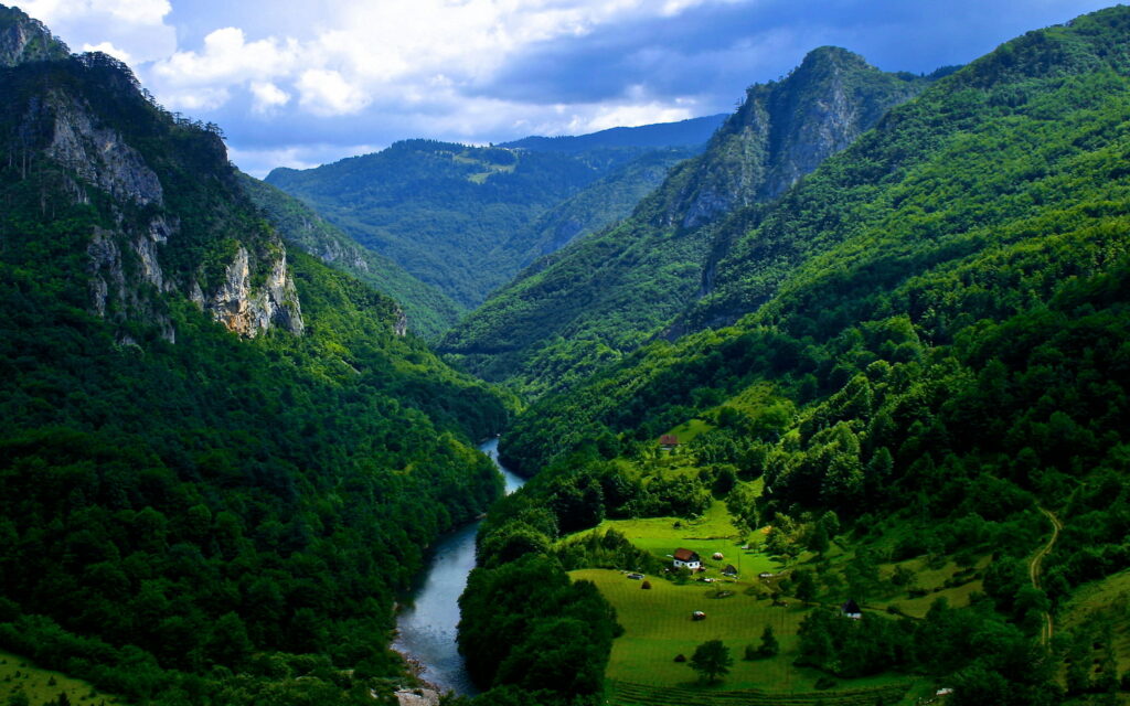 Exploring the Majestic River Tara: A Breathtaking Aerial View of Durmitor National Park, Montenegro Wallpaper