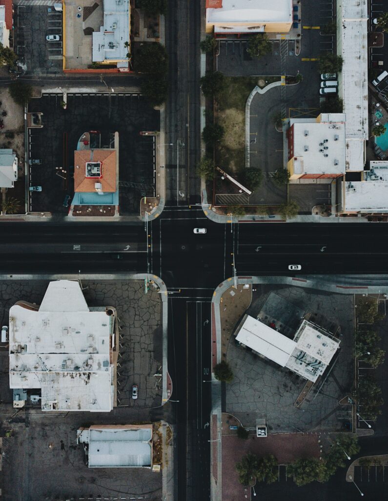Aerial City Intersection Wallpaper: Urban Landscape & Architectural Design