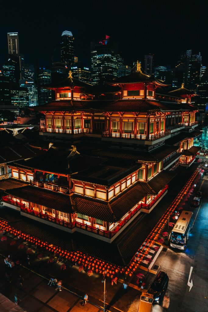 Stunning Nighttime Aerial Wallpaper: Traditional Architecture & Skyline