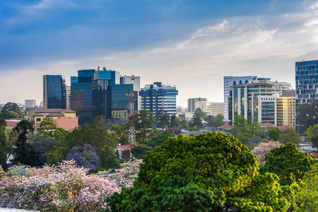Aerial Cityscape Wallpaper: Modern Buildings & Lush Greenery