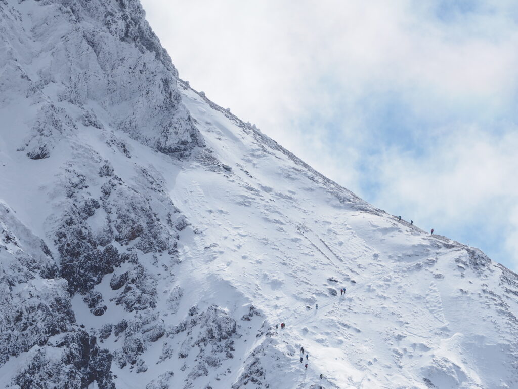Aerial view of snow-covered mountain slope with hikers on rugged terrain under cloudy sky wallpaper